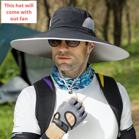 Man wearing a sporty black sun hat with wide brim, sunglasses, and scarf, ready for outdoor adventure.
