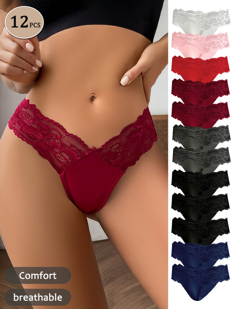 12pcs women's low-waist thongs in various colors, featuring lace trim for added comfort and breathability.