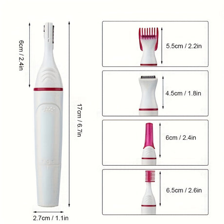 5-in-1 electric epilator for women with measurements and multipurpose usage, powered by AA batteries.