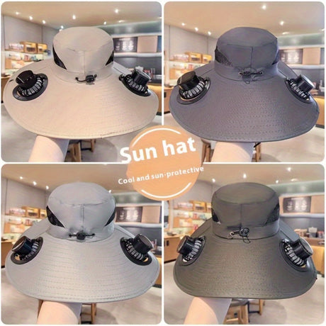 Sun hats in grey and black with dual fans for sun protection and cooling, perfect for outdoor activities.