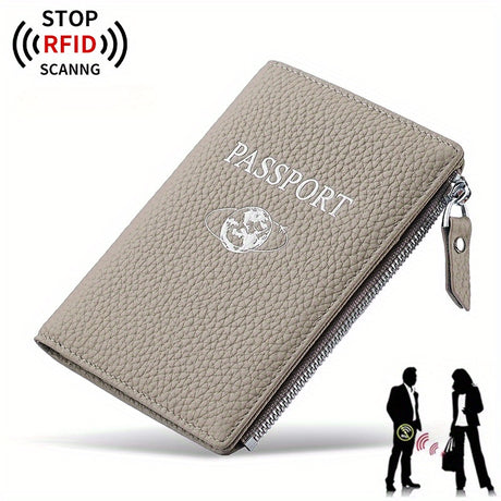 RFID passport holder wallet in grey, featuring zipper closure and anti-theft design for secure travel.