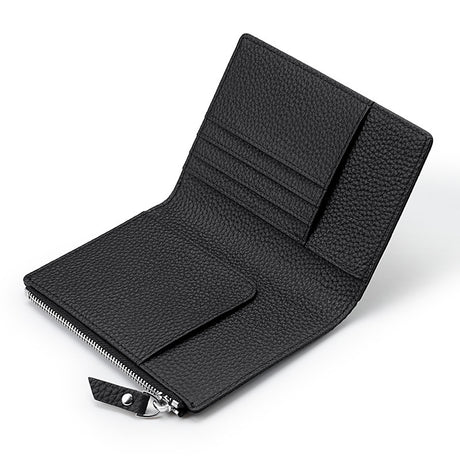 Lightweight RFID passport holder in black, featuring a zipper closure and multiple card slots for organized storage.