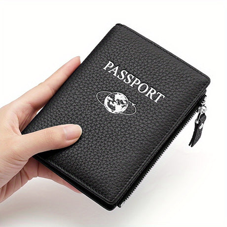 Lightweight RFID passport holder in black with zipper, featuring the word 'PASSPORT' and globe design.
