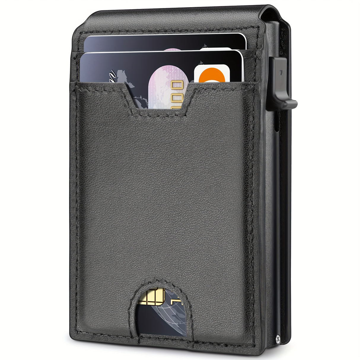 Slim RFID Blocking Bifold Wallet in black carbon fiber leather with cards, elegant design for secure storage.