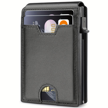 Slim RFID Blocking Bifold Wallet in black carbon fiber leather with cards, elegant design for secure storage.