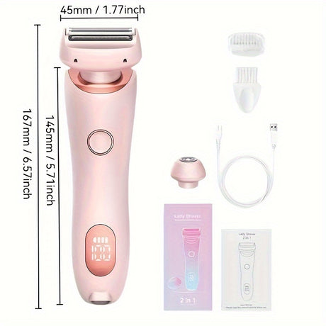 Electric shaver razor for women in pink, featuring rechargeable battery, USB charging, and LED display specifications.