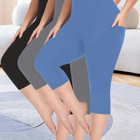 3pcs stretch polyester leggings in black, grey, and blue featuring side pockets, perfect for spring, summer, and fall.