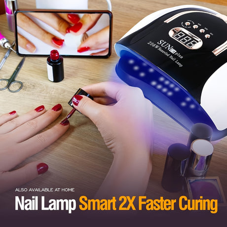Nail curing lamp with digital display for faster curing, unscented, and plug powered, ideal for home use.