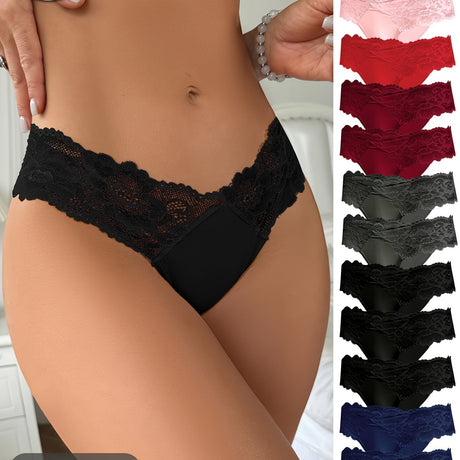 12pcs women's low-waist thongs in various colors with lace detail, selected for a sexy and stylish look.