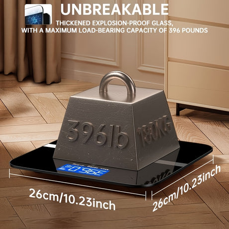 Electronic scale with unbreakable glass, showcasing the maximum load of 396 lbs and dimensions of 26cm/10.23in.