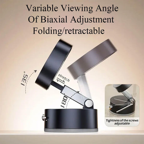 Variable viewing angle of a foldable and retractable phone holder with adjustable biaxial arms.