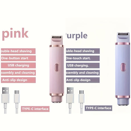 Electric razor for women in pink and purple with USB charging, double-head shaving, and anti-slip design.