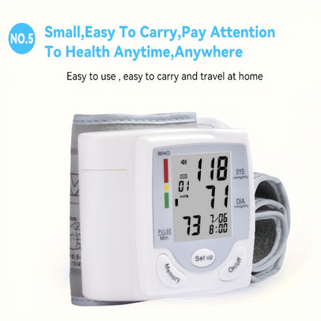 Automatic wrist blood pressure monitor, compact and portable for health monitoring anytime, anywhere.