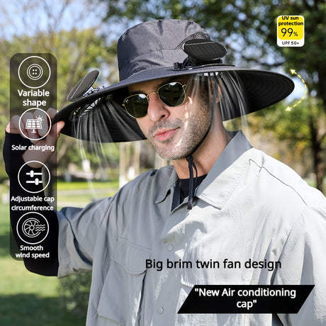 Solar fan cap with adjustable brim, solar charging, and UV protection for outdoor activities.