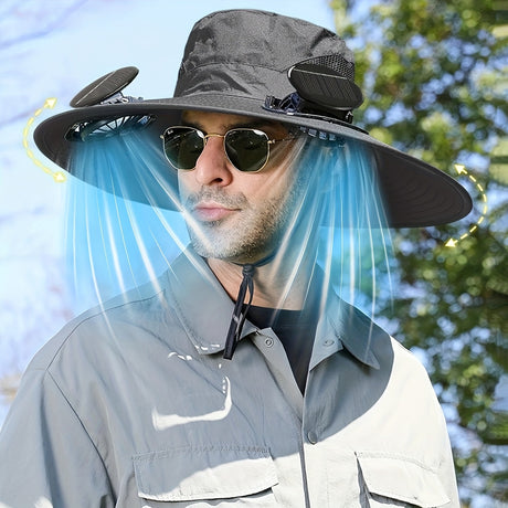 Man wearing a solar dual fan anti-UV hat with airflow, designed for outdoor activities and sun protection.