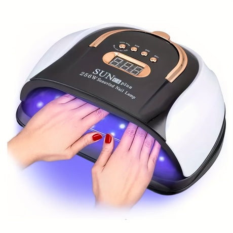 Nail curing light with digital display and 256W power, ideal for professional manicures.