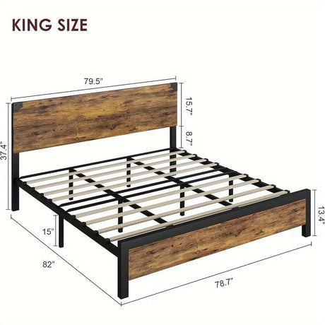 King size vintage metal bed frame with wooden headboard dimensions 79.5" x 82" x 37.4" for stylish bedroom decor.