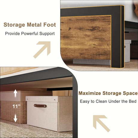 Close-up of storage metal foot supporting vintage bed frame and maximizing storage space beneath the bed.
