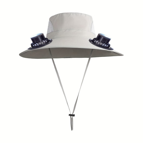 Men's Adjustable Fan Hat with rechargeable fan and USB charging, made from breathable textile material in white.