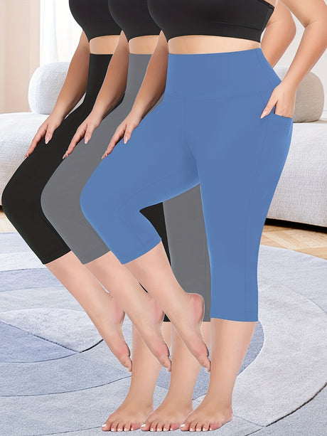 3 pieces of high stretch polyester leggings in black, grey, and blue with pockets on a stylish background.