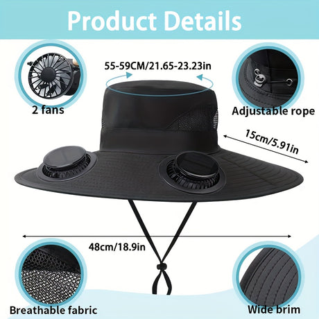 Solar Fan Cap with two fans, adjustable rope, breathable fabric, and wide brim for comfortable outdoor use.