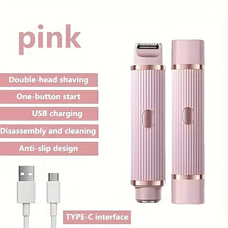 Electric razor for women in pink with double-head shaving, USB charging, and anti-slip design features.