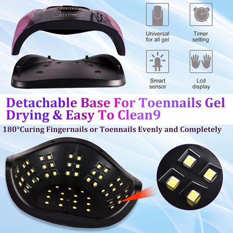 Digital nail curing light with detachable base for easy cleaning, universal for all gels, and features LCD display.