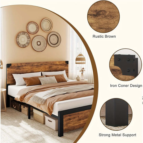 Vintage rustic brown bed frame with strong metal support and iron coner design, perfect for stylish bedroom decor.