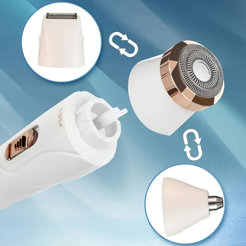 3-in-1 Women's Electric Shaver Kit showing interchangeable heads for smooth grooming and rechargeable battery.