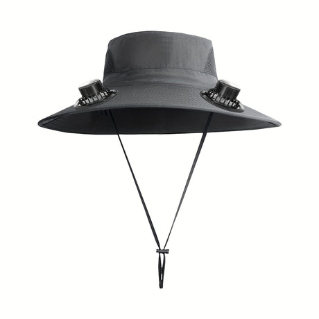 Men's adjustable fan hat with dual fans, lightweight fabric, and chin strap for outdoor comfort.