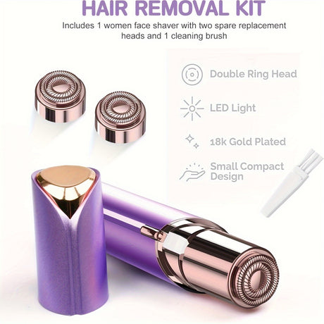 USB rechargeable mini hair trimmer kit with face shaver, LED light, 18k gold plated design, and compact size.