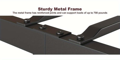 Close-up of sturdy metal bed frame showcasing reinforced joints designed to support loads of up to 700 pounds.