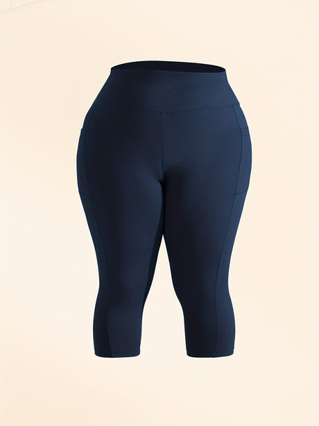 3pcs stretch polyester leggings in navy blue, high stretch fabric with pockets, ideal for spring, summer, and fall.