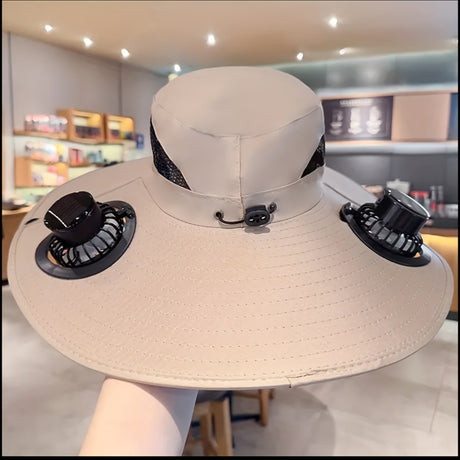 Solar Dual Fan Anti-UV hat in grey, featuring USB-powered dual fans for cooling on hot days, perfect for outdoor activities.