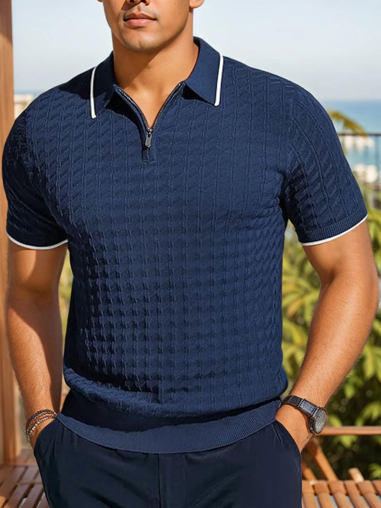 Men Half Zip Lapel Knit Sweater