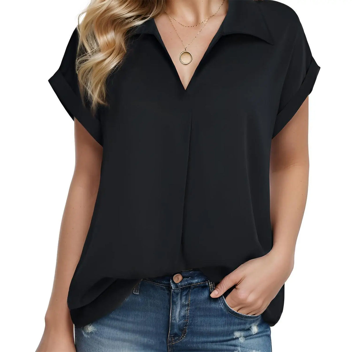 ChiffElegance™ short sleeve chiffon shirt in black, lightweight casual blouse for women, perfect for office wear and all seasons.