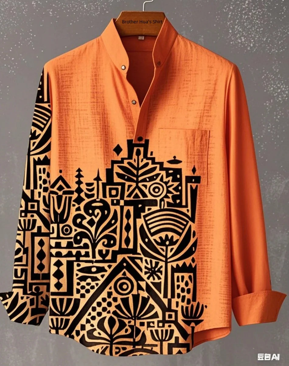 Men Linen Stand Collar Long Sleeve Shirt