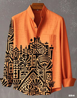 Men Linen Stand Collar Long Sleeve Shirt