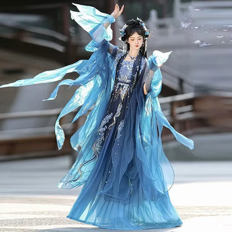 Blue embroidered Hanfu dress for women, perfect for Halloween parties, made from lightweight polyester.
