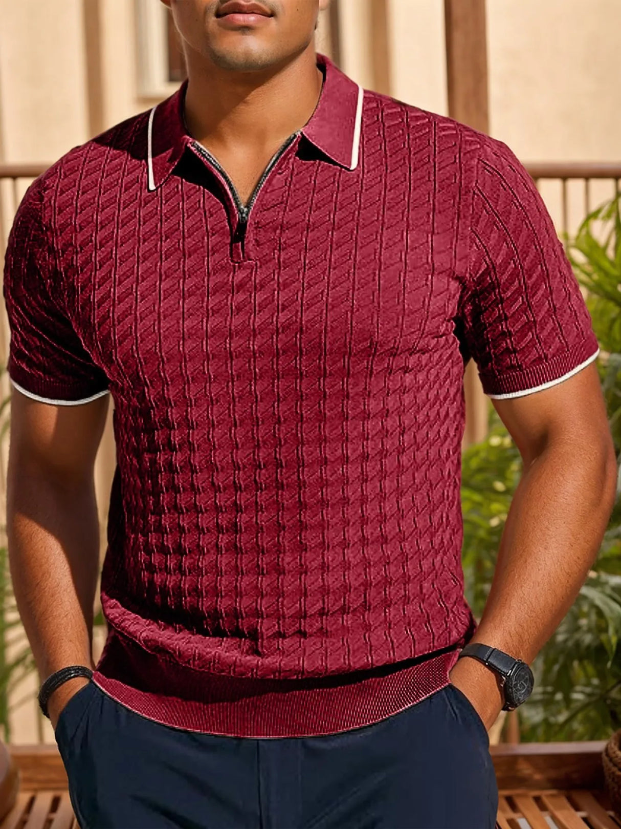 Men Half Zip Lapel Knit Sweater