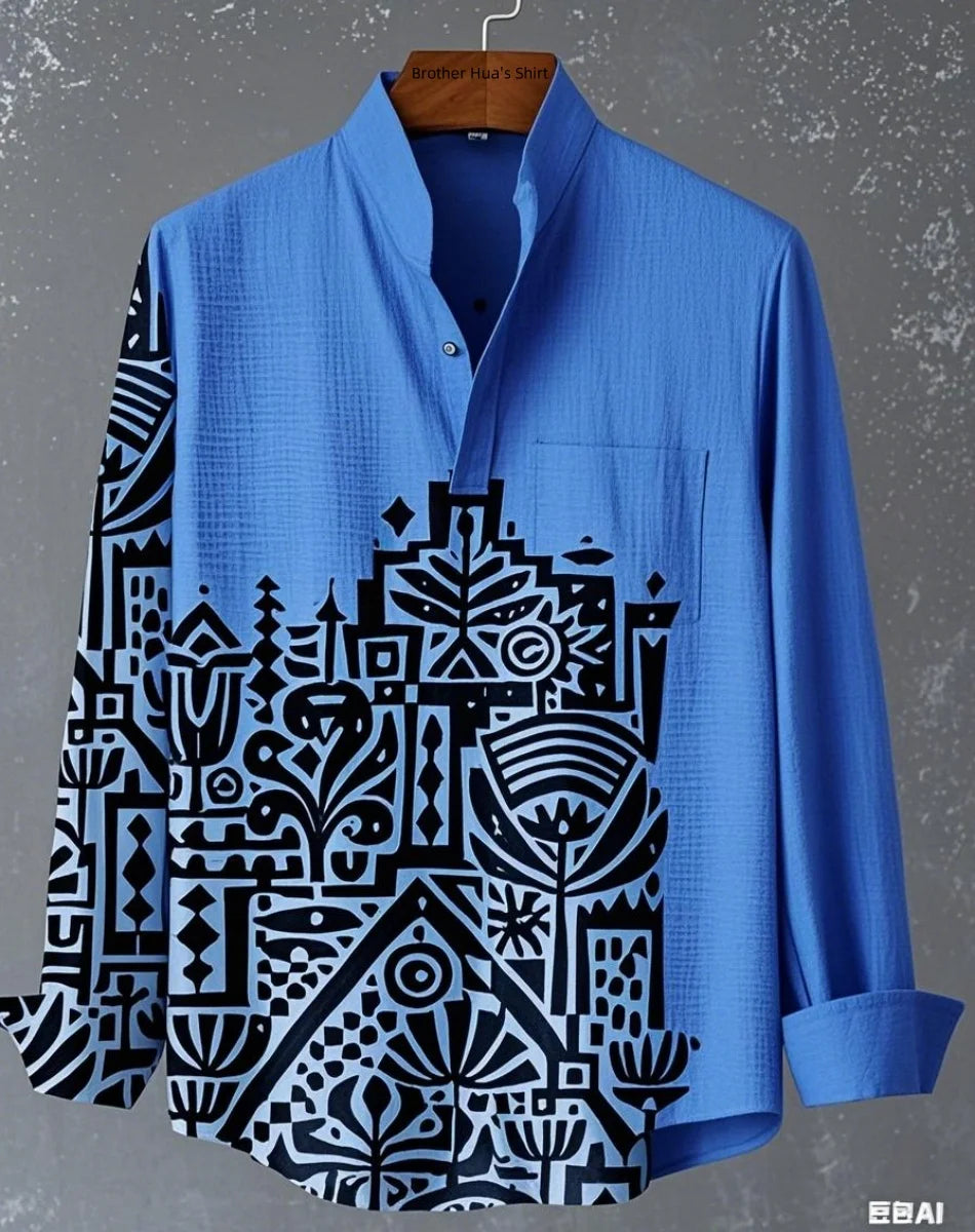 Men Linen Stand Collar Long Sleeve Shirt