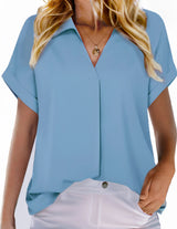 Light blue short sleeve chiffon shirt for women, perfect for office wear and casual outings.