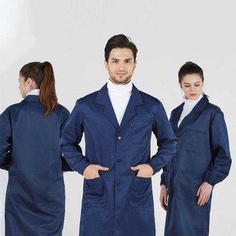 Model wearing navy durable workshop coveralls, showcasing front and back view, suitable for utility and safety work.