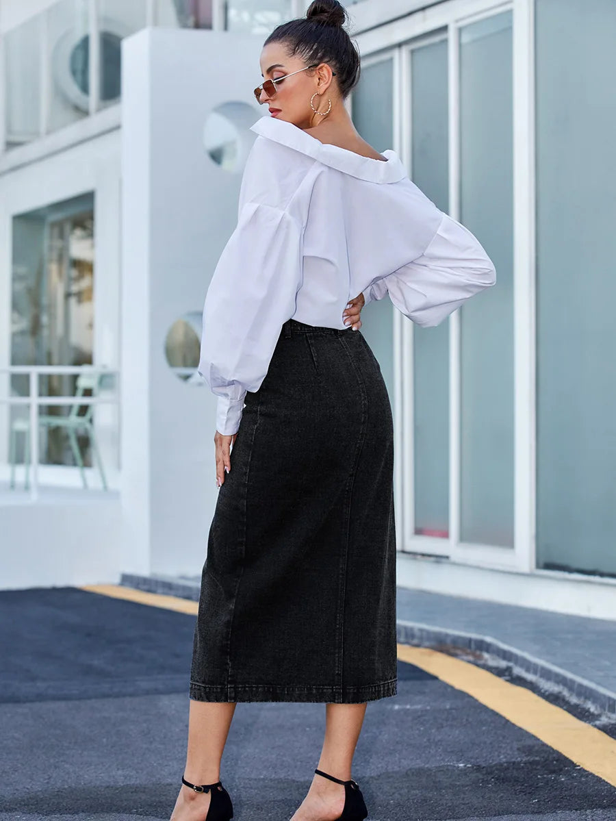 SpiceShape™ – Button Bodycon Denim Skirt (Autumn/Winter Streetwear)
