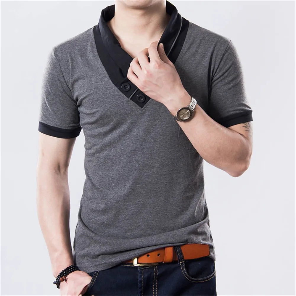 Men's Plus Size Patchwork V Neck T-Shirt – Black