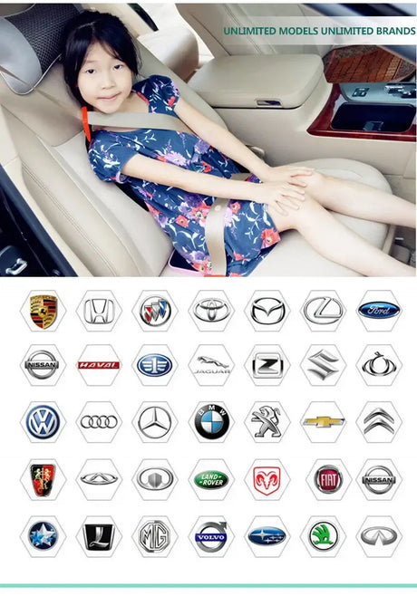 Girl sitting in a car seat, showcasing logos of various car brands, emphasizing child safety and comfort.