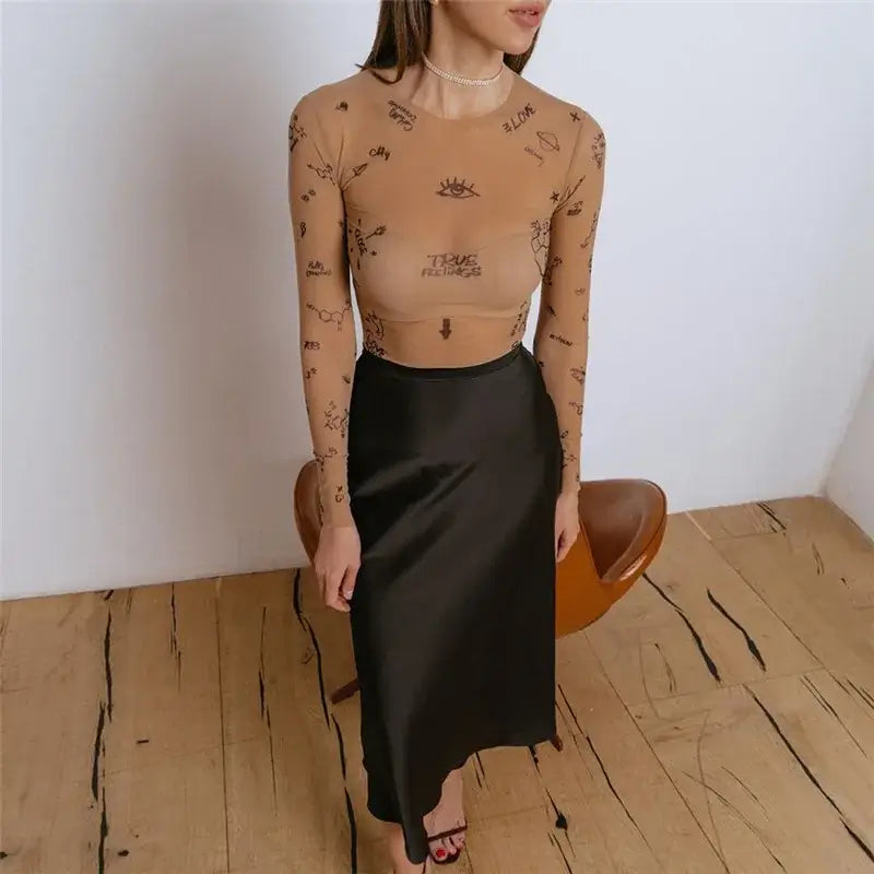 Women Slim Long Sleeve Print Bodysuit