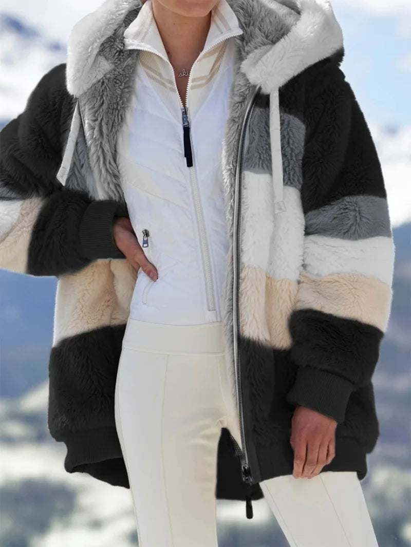 Warm Plush Patchwork Hooded Winter Coat