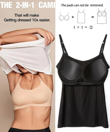 Model showing ShapeEase™ 2-in-1 camisole with built-in shelf bra, easy dressing demonstration.