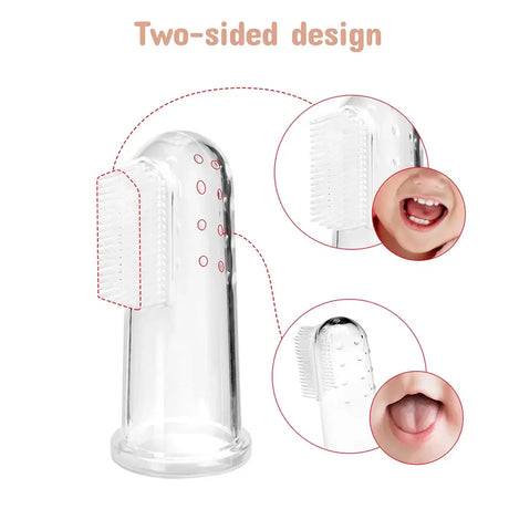 Two-sided silicone toothbrush designed for babies, promoting oral hygiene for infants and toddlers.